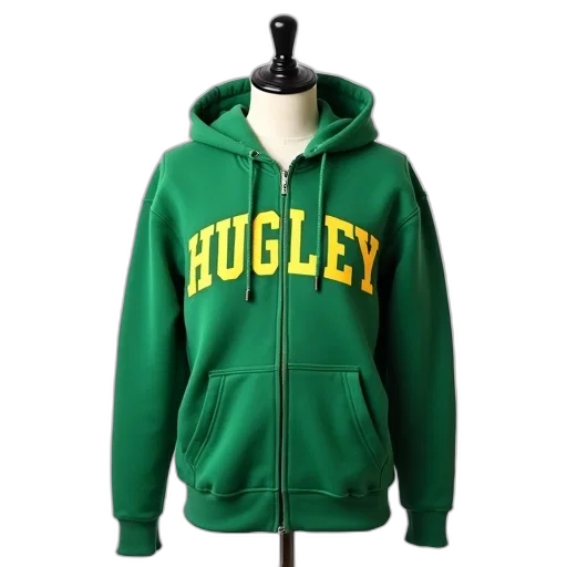 jacket, green, hoodie, word, hugley, written, yellow, front transparent PNG cut-out