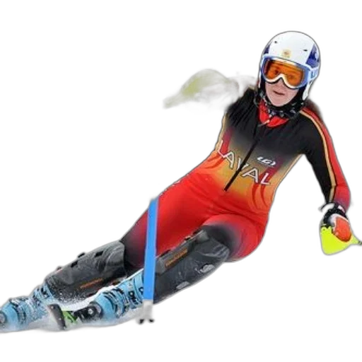 female, skier, wearing, red, black, suit, word, val transparent PNG cut-out
