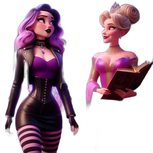 concept art, 3d render, comic book art, fantasy art, dark, neon, two, female transparent PNG cut-out