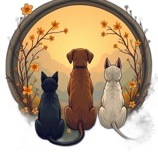 pixel art, concept art, watercolor, fantasy art, forest, golden, cats, dogs transparent PNG cut-out