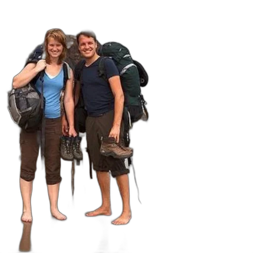 staff, umbrella, 3d render, couple, stands, beach, backpacks, hiking transparent PNG cut-out