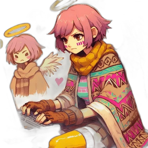 weapon, staff, jacket, pixel art, concept art, fantasy art, anime, colorful transparent PNG cut-out