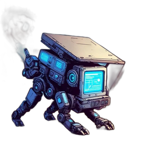 robot, weapon, creature, concept art, cyberpunk, pixel art, vaporwave, fire transparent PNG cut-out