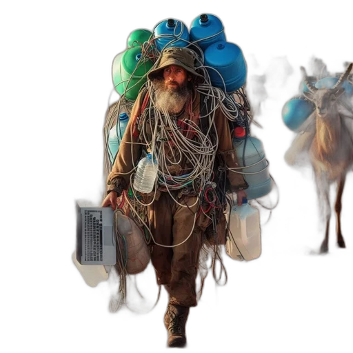 hat, concept art, photorealistic, man, carrying, containers, other, items transparent PNG cut-out