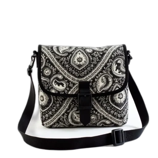 monochrome, black, white, patterned, fabric, bag, strap, displayed transparent PNG cut-out
