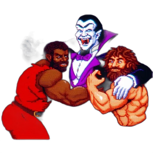 pixel art, concept art, comic book art, cartoon, three, characters, serious, muscular transparent PNG cut-out