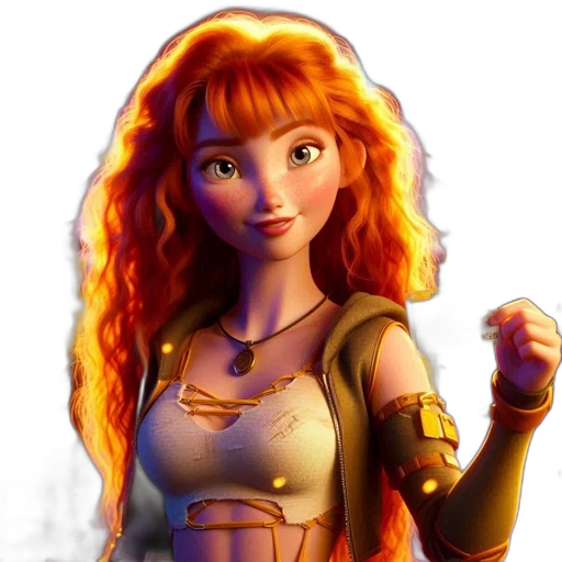 fantasy art, concept art, 3d render, comic book art, fire, female, character, green transparent PNG cut-out