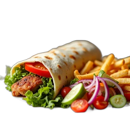 food, photorealistic, 3d render, plate, sandwich, side, fries, salad transparent PNG cut-out