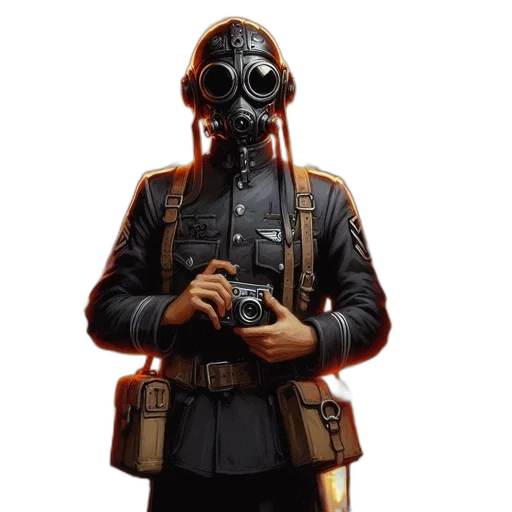 mask, jacket, face, weapon, concept art, 3d render, fantasy art, photorealistic transparent PNG cut-out