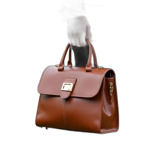 3d render, brown, leather, handbag, gold, buckle, being, held transparent PNG cut-out