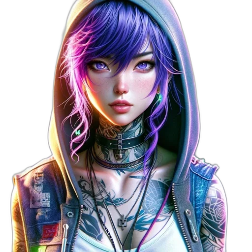 jacket, robot, face, cyberpunk, concept art, fantasy art, comic book art, neon lights transparent PNG cut-out