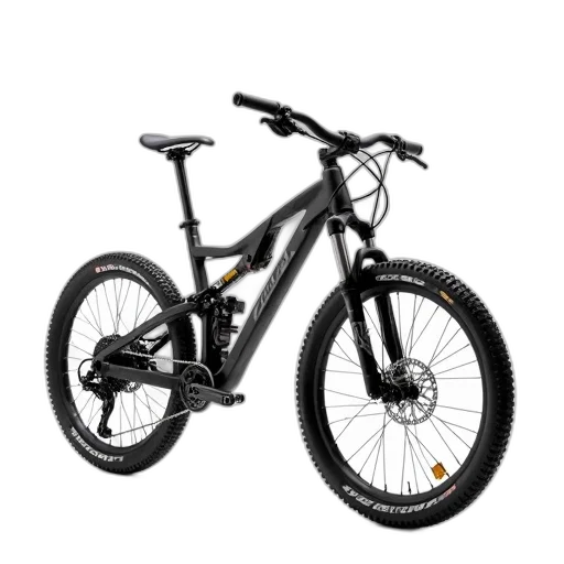 sleek, black, mountain, bike, full, suspension, system, featuring transparent PNG cut-out