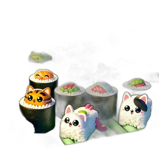 concept art, 3d render, conveyor, belt, carries, diverse, sushi, rolls transparent PNG cut-out