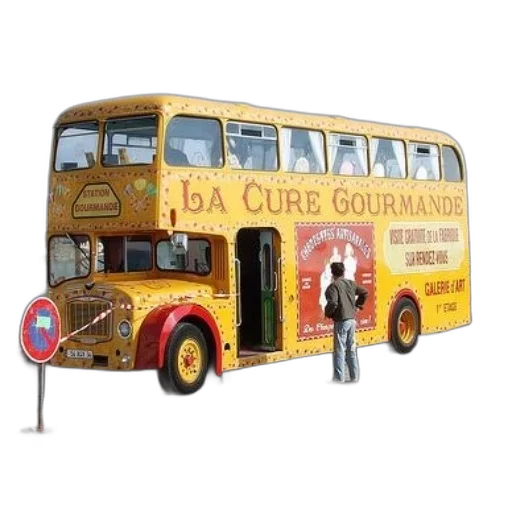 yellow, double-decker, bus, words, cure, gourmande, painted transparent PNG cut-out