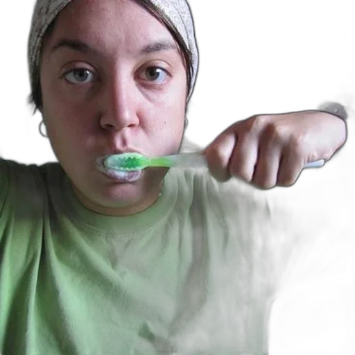 staff, green, person, wearing, shirt, headband, brushing, their transparent PNG cut-out