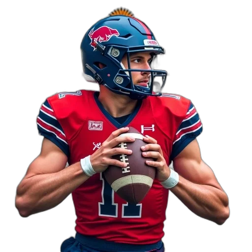 image, features, football, player, red, blue, uniform, holding transparent PNG cut-out