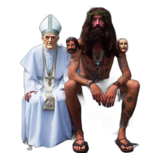 concept art, two, individuals, sit, sidewalk, one, wears, pope-like transparent PNG cut-out