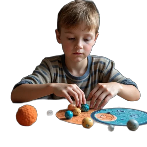 jewelry, 3d render, photorealistic, young, boy, playing, printable, planets transparent PNG cut-out