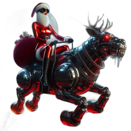 robot, concept art, 3d render, futuristic, santa, rides, robotic, reindeer transparent PNG cut-out