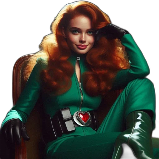 jacket, comic book art, concept art, green, woman, red, hair, sits transparent PNG cut-out