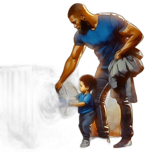 concept art, photorealistic, comic book art, 3d render, father, son, share, moment transparent PNG cut-out