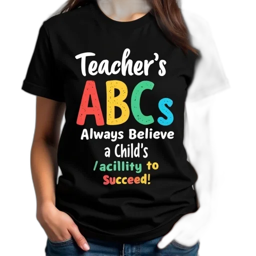 person, wearing, black, t-shirt, colorful, design, reads, teacher transparent PNG cut-out