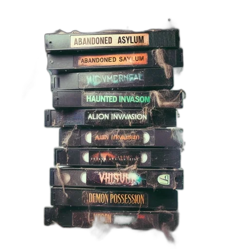 weapon, earth tones, dark, pile, vintage, vhs, tapes, all transparent PNG cut-out