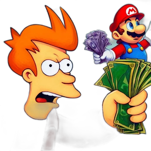 concept art, 3d render, pixel art, fry, futurama, mario, nintendo, depicted transparent PNG cut-out