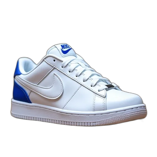 shoes, white, sneaker, blue, accents, placed, wooden, floor transparent PNG cut-out