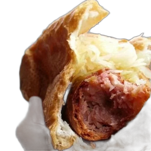 food, crown, photorealistic, hand, holds, croissant, filled, sausage transparent PNG cut-out