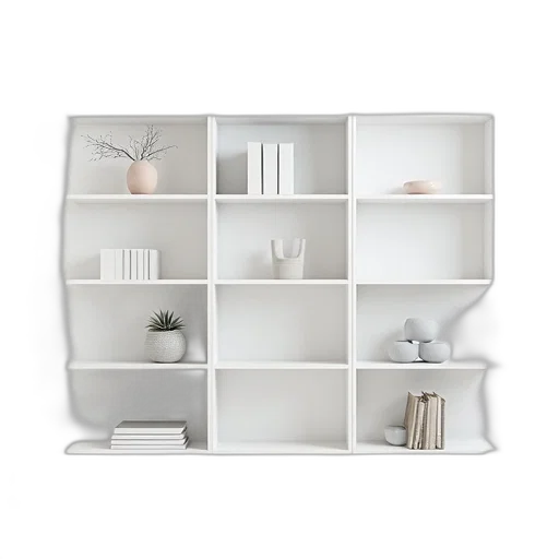 furniture, building, 3d render, photorealistic, monochrome, minimalist, white, shelving transparent PNG cut-out