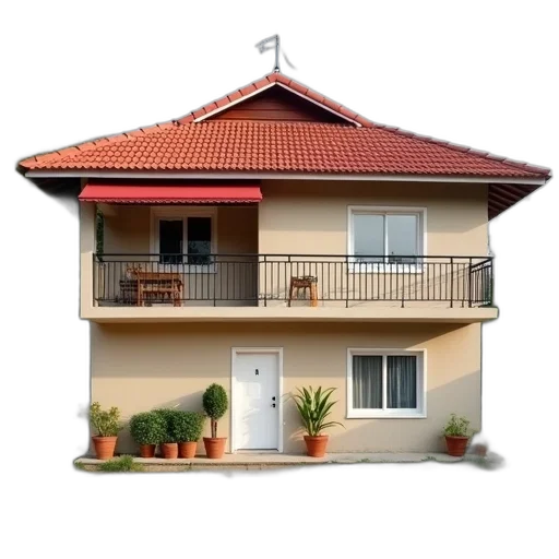 building, umbrella, furniture, 3d render, photorealistic, concept art, two-story, house transparent PNG cut-out