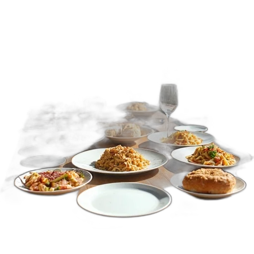 food, 3d render, photorealistic, wooden, dining, table, set, various transparent PNG cut-out