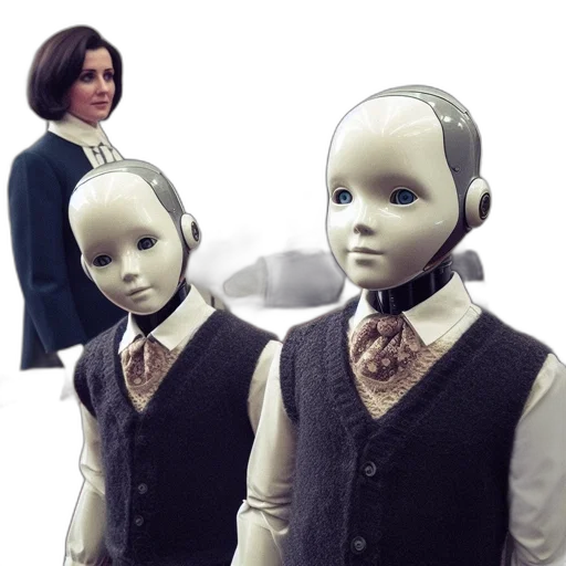 robot, 3d render, concept art, classroom, setting, teacher, instructs, students transparent PNG cut-out