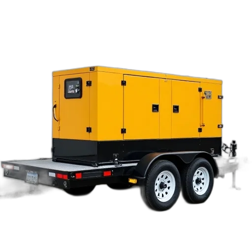 3d render, yellow, generator, sitting, flatbed, trailer, parked, concrete transparent PNG cut-out