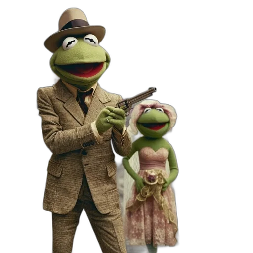 two, muppets, suited, male, pink-dressed, female, stand, city transparent PNG cut-out
