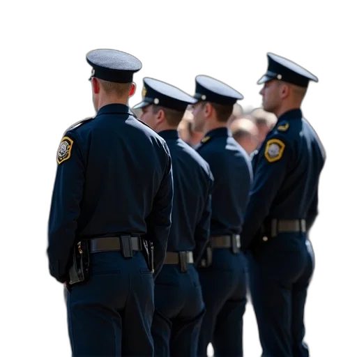 staff, weapon, group, police, officers, uniform, standing, line transparent PNG cut-out