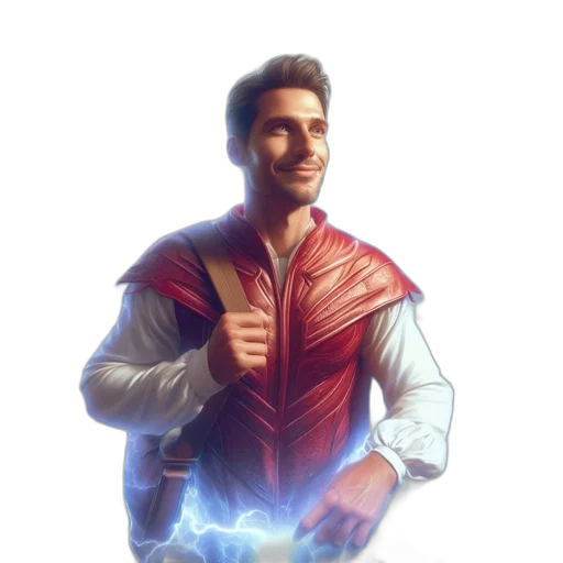 jacket, staff, comic book art, concept art, fantasy art, cartoon, man, vibrant transparent PNG cut-out