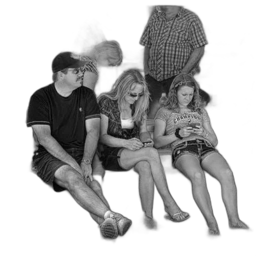 staff, photorealistic, black, white, photo, people, sitting, picnic transparent PNG cut-out
