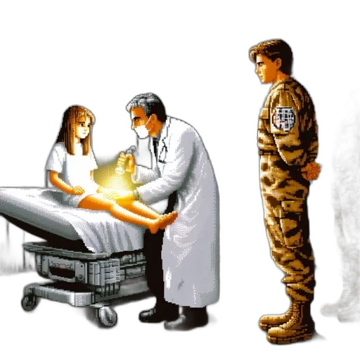 staff, concept art, pixel art, comic book art, outer space, fire, doctor, examines transparent PNG cut-out