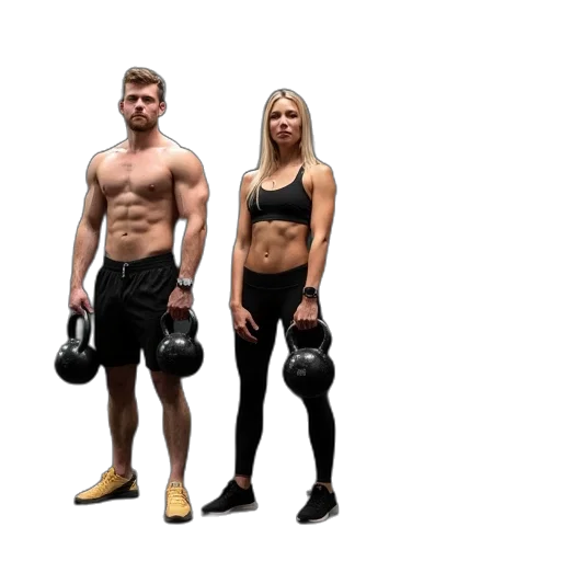 photorealistic, concept art, three, fitness, men, woman, kettlebells, gym transparent PNG cut-out