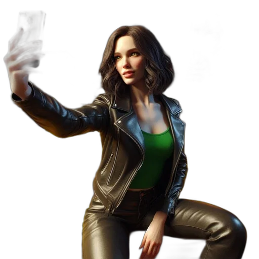 jacket, weapon, concept art, comic book art, 3d render, photorealistic, green, woman transparent PNG cut-out