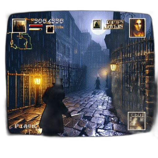 fantasy art, concept art, night, city street, fog, sunset, old-school, crt transparent PNG cut-out