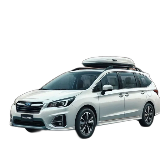 car, 3d render, white, subaru, roof, box, parked, street transparent PNG cut-out