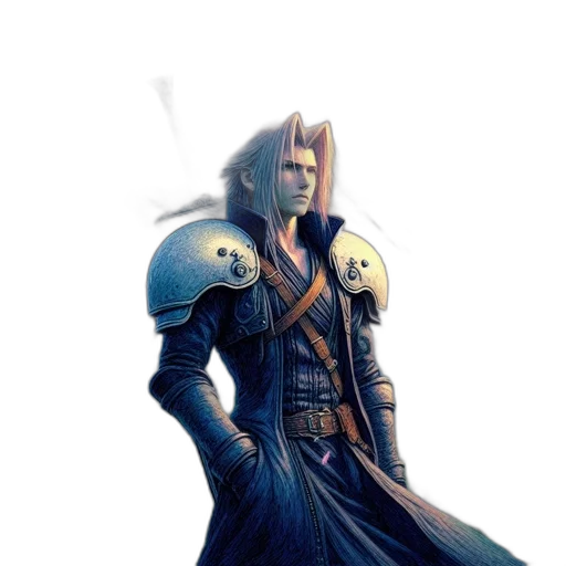 staff, sword, mask, jacket, concept art, fantasy art, 3d render, pixel art transparent PNG cut-out