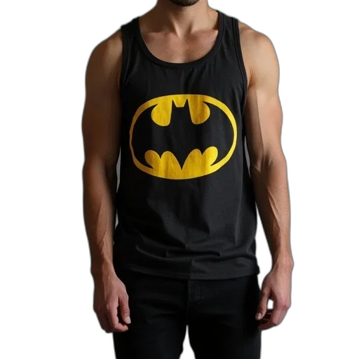 model, wearing, black, jeans, tank, top, batman, print transparent PNG cut-out
