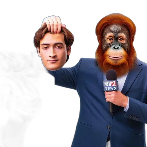 animal, mask, cartoon, concept art, photorealistic, anthropomorphic, orangutan, journalist transparent PNG cut-out