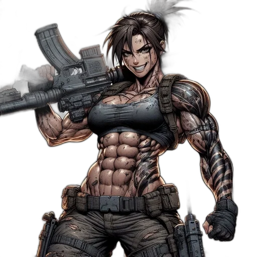 weapon, comic book art, concept art, cyberpunk, cartoon, muscular, female, warrior transparent PNG cut-out