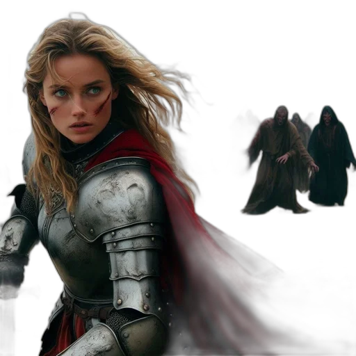 sword, concept art, comic book art, fantasy art, photorealistic, armored, woman, stands transparent PNG cut-out