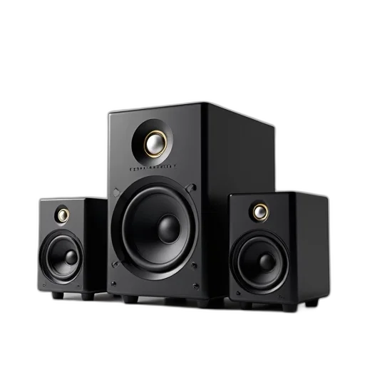 3d render, set, three, modern, black, speakers, sleek, design transparent PNG cut-out